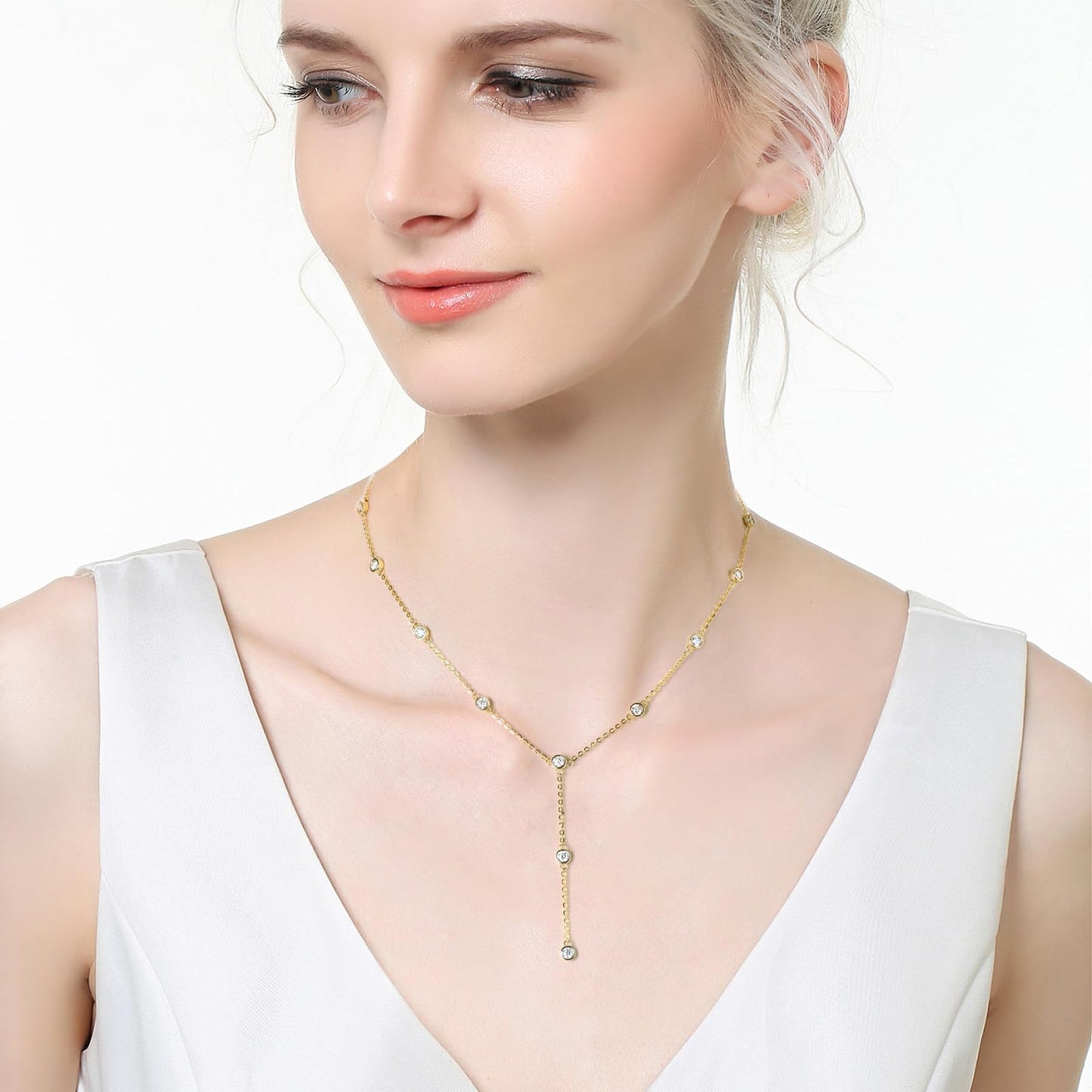 DYUNQ Moissanite Necklace for Women Sterling Silver, Imitation Diamond Lariat Drop Y necklace, Dainty Simple Long Prom Bridal Wedding Hypoallergenic Neckalces, 16 to 20 Inch