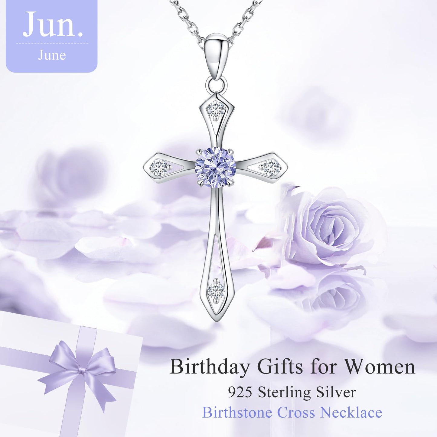 QUALISE Cross Necklace for Women,925 Sterling Silver June Birthstone Necklace Cross Pendant 5A CZ 12 Birth Months Birthstone Fine Jewelry Birthday Gifts for Her Wife Mom
