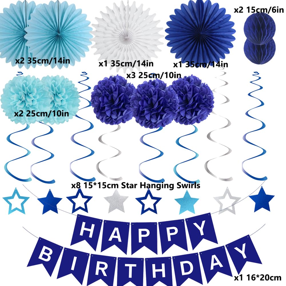 Blue Birthday Decorations for Men Boys Navy Blue Happy Birthday Banner Paper Fans Paper Pom Poms Star Hanging Swirls for Men Women Boys Girls Blue Birthday Party Decor