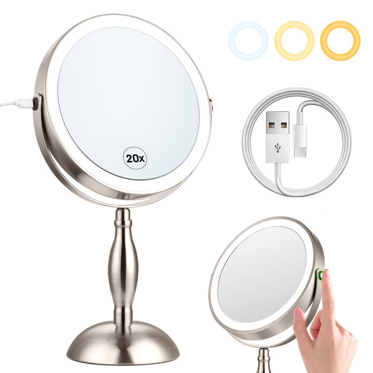 DASLAVA 20x Magnifying Mirror with Light, 3 Color Modes and Adjustable Brightness with Lighted Makeup Mirror, Side Charging Port & SideTouch Sensor, 360° Rotation Double Sided Brushed Nickel