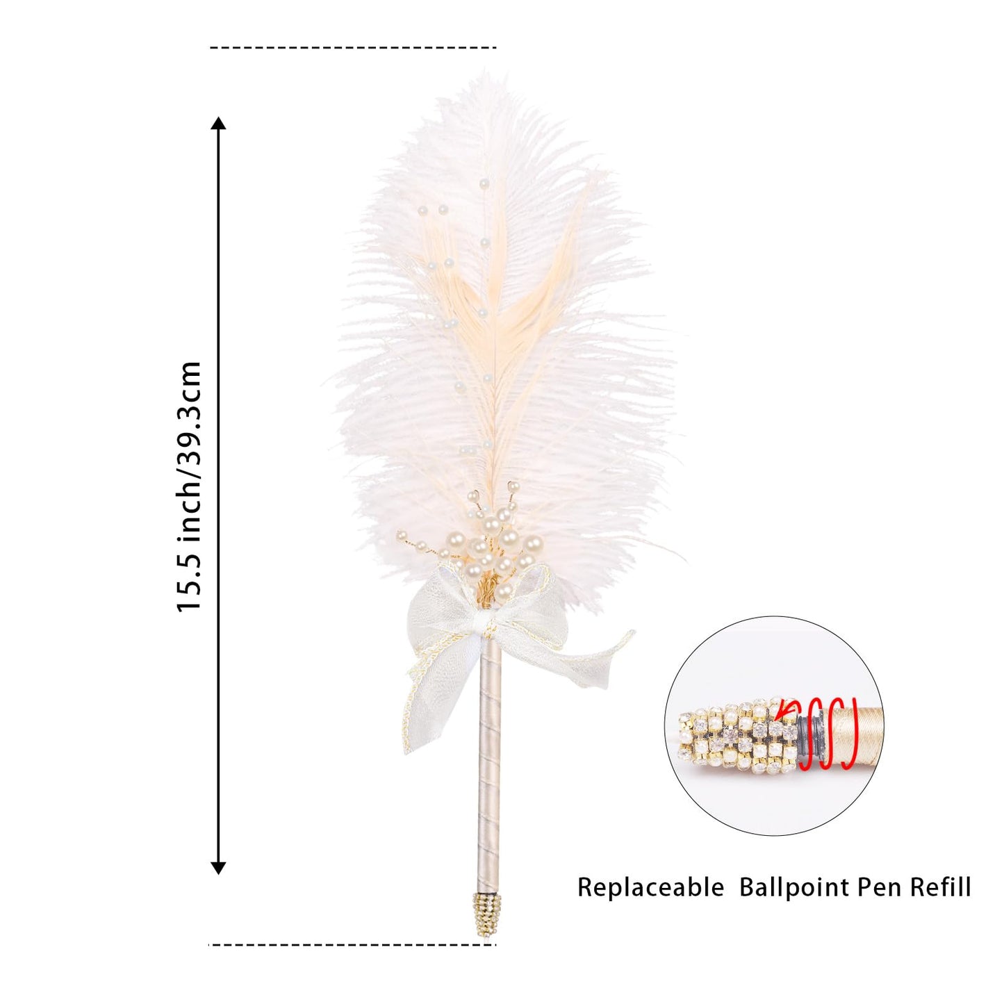 Vijiv Ostrich Feather Pen Quill Ballpoint Pen, Refillable Wedding Pens for Guest Book Signing, Luxury Nikah Fancy Pens for 1920s Great Gatsby Accessories Party Favor Supplies White
