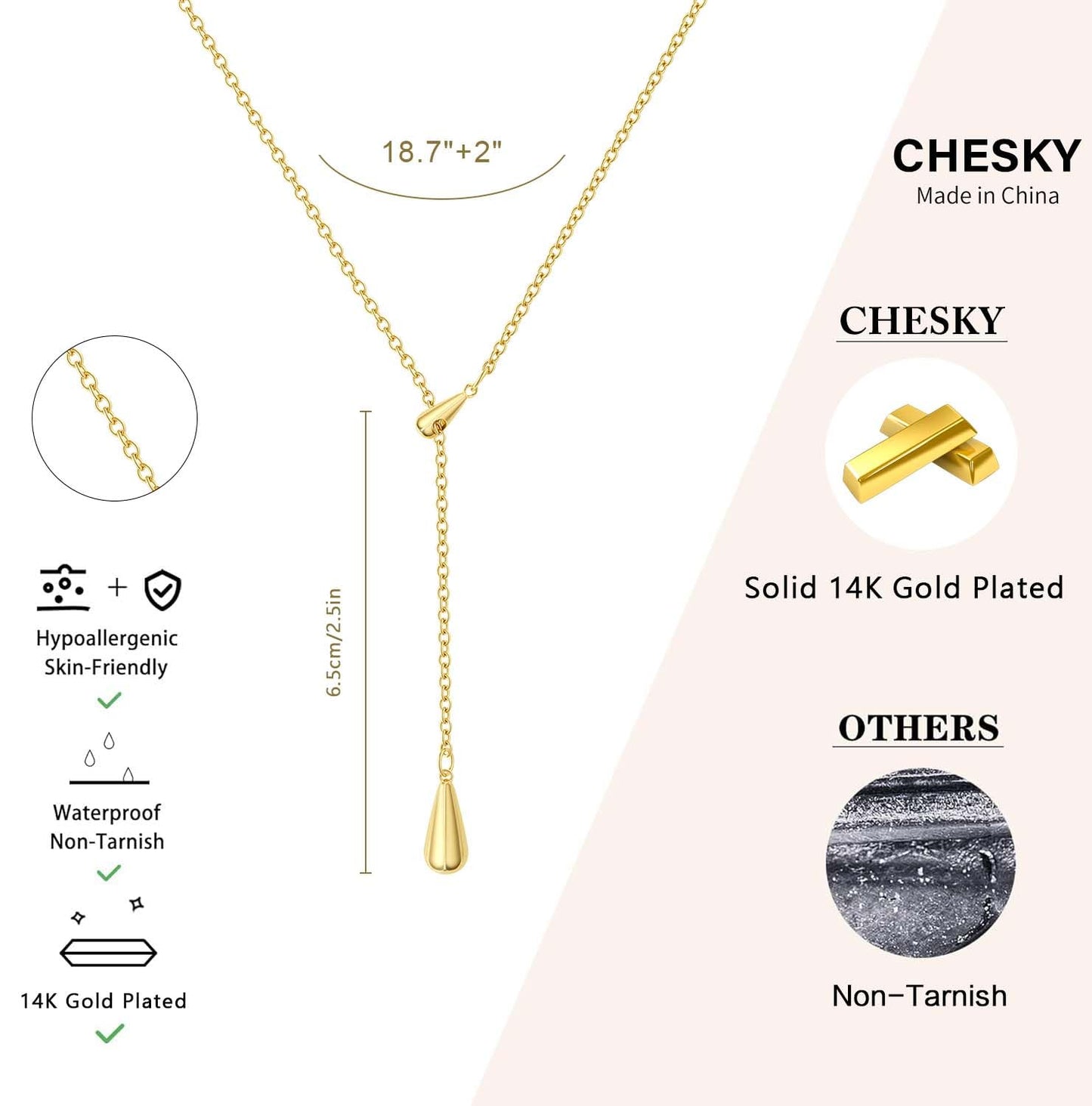 CHESKY Lariat Gold Necklace for Women, Dainty Long Necklace 14k Gold Plated Y-Shaped Pendant Necklace Trendy Water Droplets Chain Drop Necklaces Simple Gold Jewelry for Women Gifts
