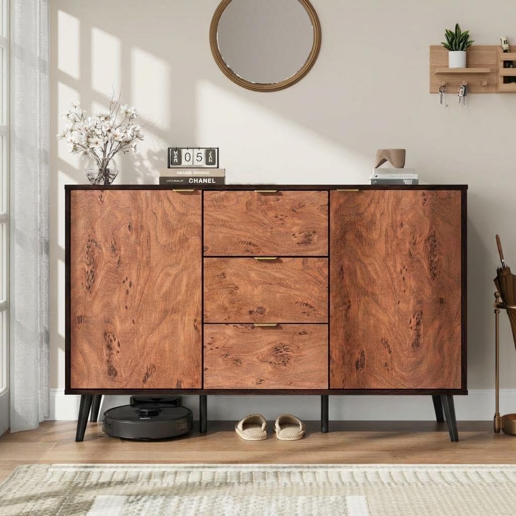 GarveeHome Buffet Cabinet with Drawers and Storage, 51.2 in Large Sideboard Buffet Credenza Storage Cabinet with Shelves and Doors, Walnut Buffet Cabinet for Dining Room, Entryway, Living Room