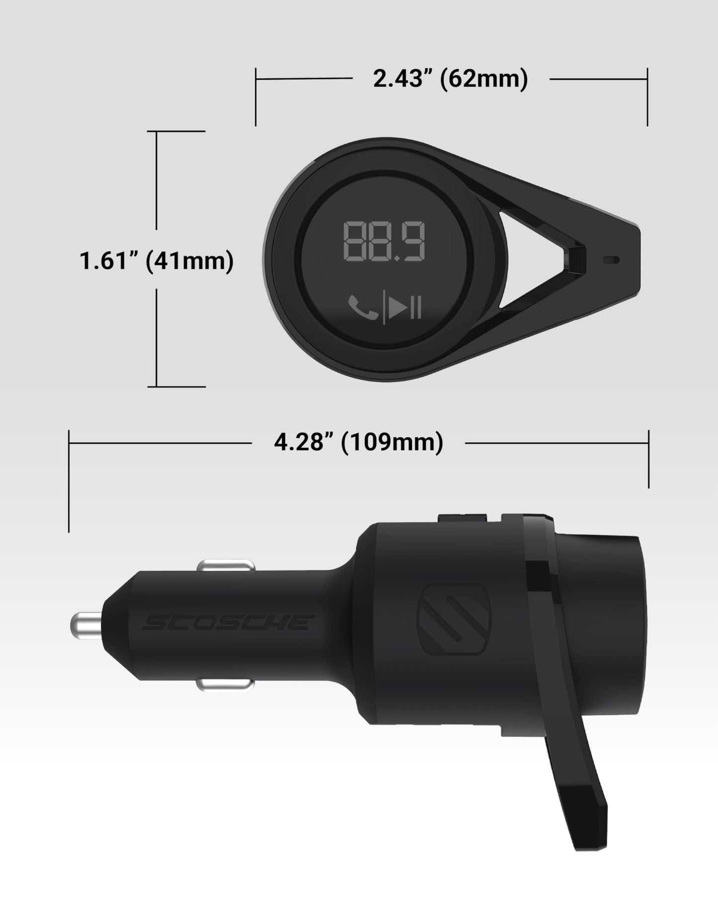 Scosche BTFM9 FM Bluetooth Transmitter Car, Dual 12W USB-C and USB-A Charging Ports, Fast Type C Car Charger, Wireless Radio Bluetooth Adapter, Hands-Free Kit for Calls, Siri and Google Assistant