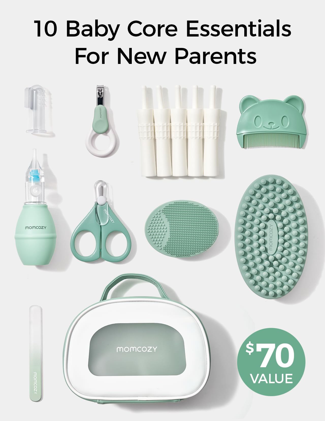 Momcozy Core Baby Kit, Baby Shower & Registry Essential Kit for Grooming&Health&Cleansing Care, Includes Nail File Kits, Nasal Aspirator, Gas Relief Tubes, Bath Brushes, Toothbrush, Comb, Storage Case