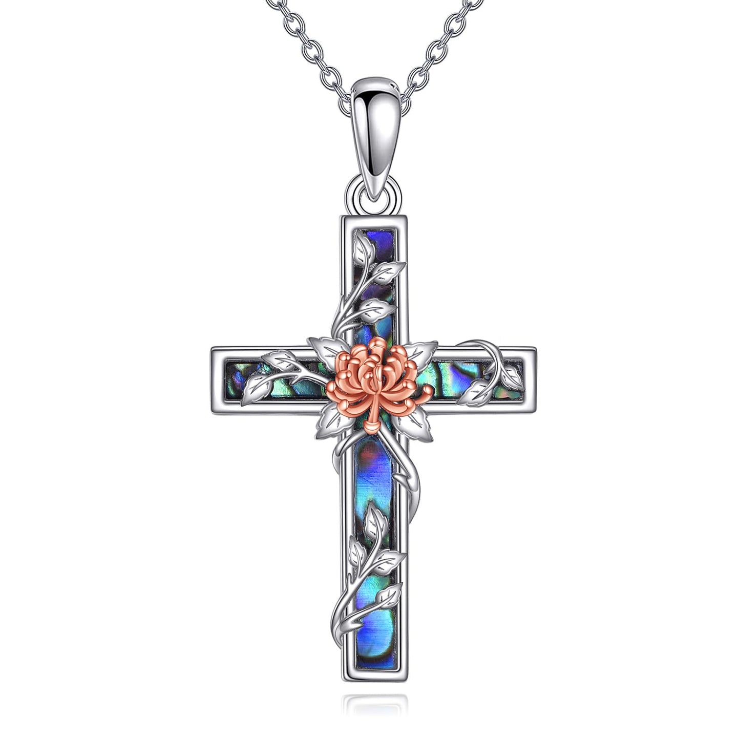 YFN Chrysanthemum Cross Necklace Sterling Silver Flower Cross Pendant Abalone Shell Jewelry Religious Christian Baptism Gifts for Her Women