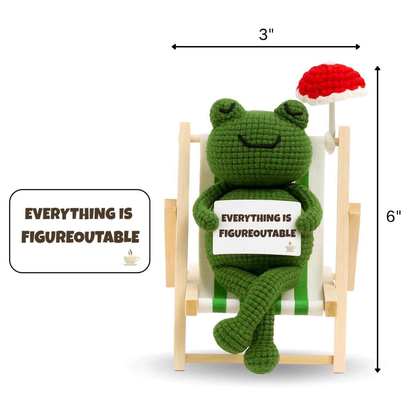 LUDEONA Inspirational Frog Desk Decor - Everything is Figureoutable Emotional Support Frog, Funny Coworker Gift for Women Men, Crochet Frog Plush with Mini Chair & Umbrella, Office Relaxation Gift