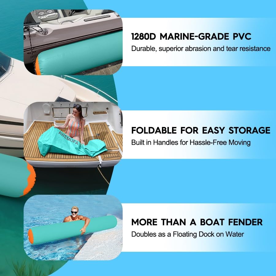 AWEMUFA 10ft Inflatable Boat Fender for Docking Heavy Duty, Large Boat Bumper for Docking, Inflatable Boat Dock Bumper Inflatable Fender for Pontoon Boat, Fishing Boat, Small Yacht(NO Pump)
