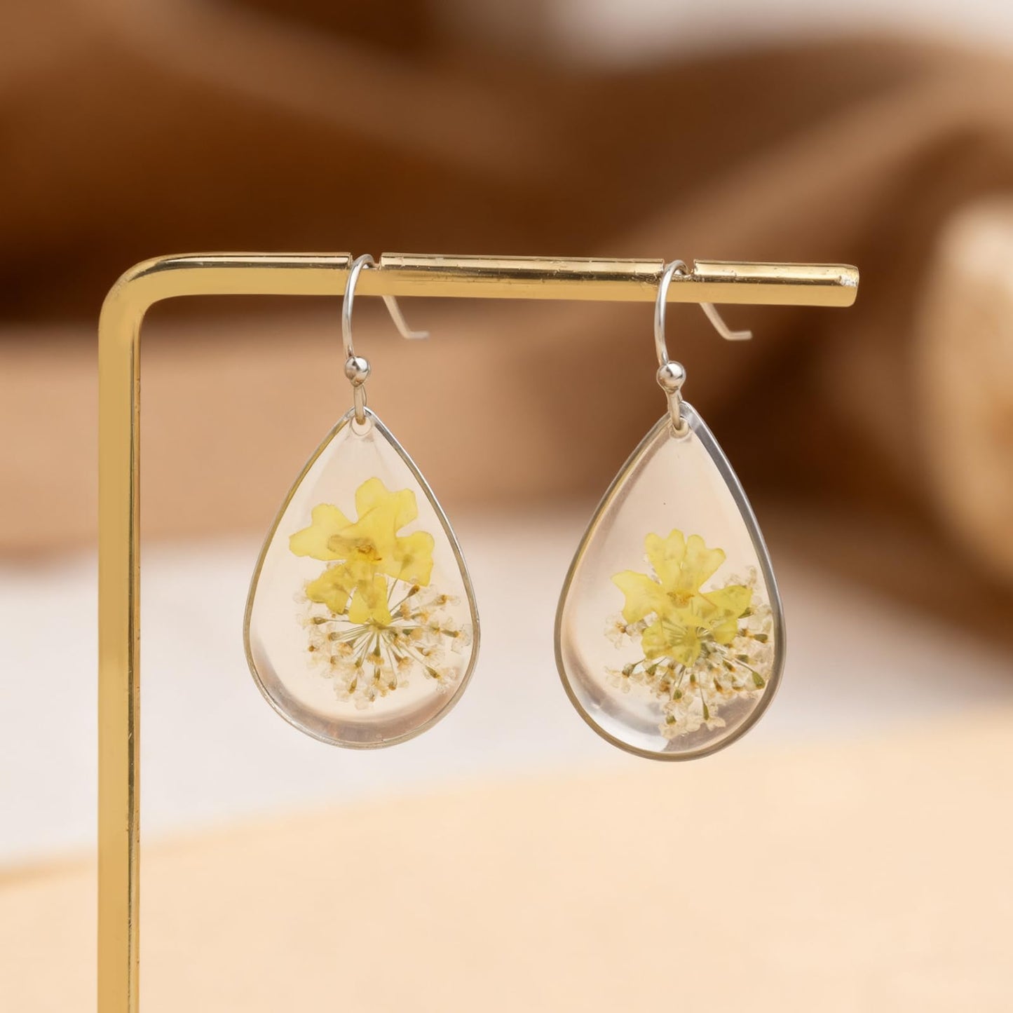Jean Beau Handmade Pressed Flower Earrings for Women, Unique Resin Yellow Dried Flowers Sterling Silver Teardrop Dangle Drop Nature Floral Earings Fashion Summer Jewelry Gift