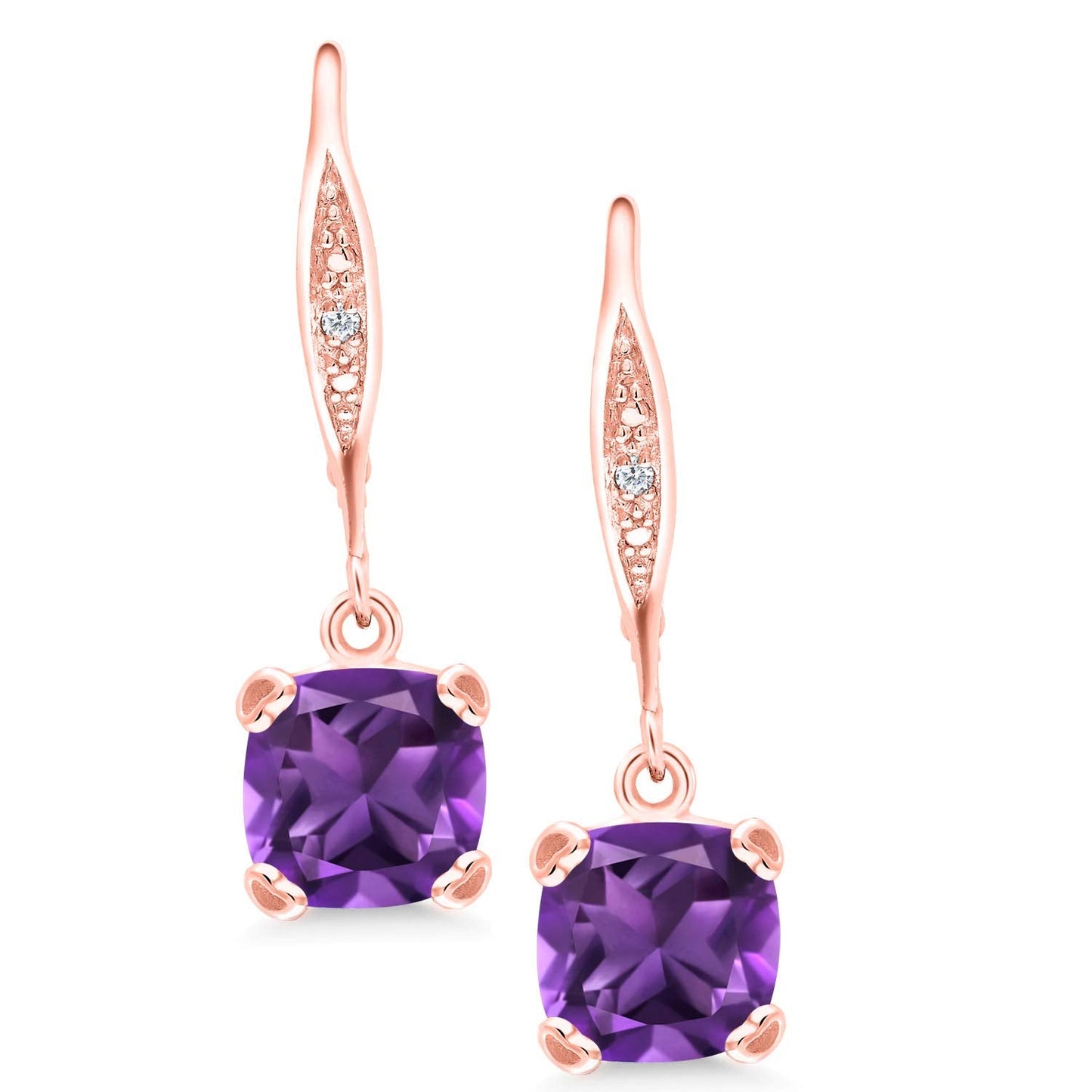 Gem Stone King Drop Dangle Earrings For Women | 7MM Cushion Cut Gemstone Birthstone and Diamond | 925 Sterling Silver | Jewelry Gift for Mom Wife Her | Amethyst-February | Rose Gold