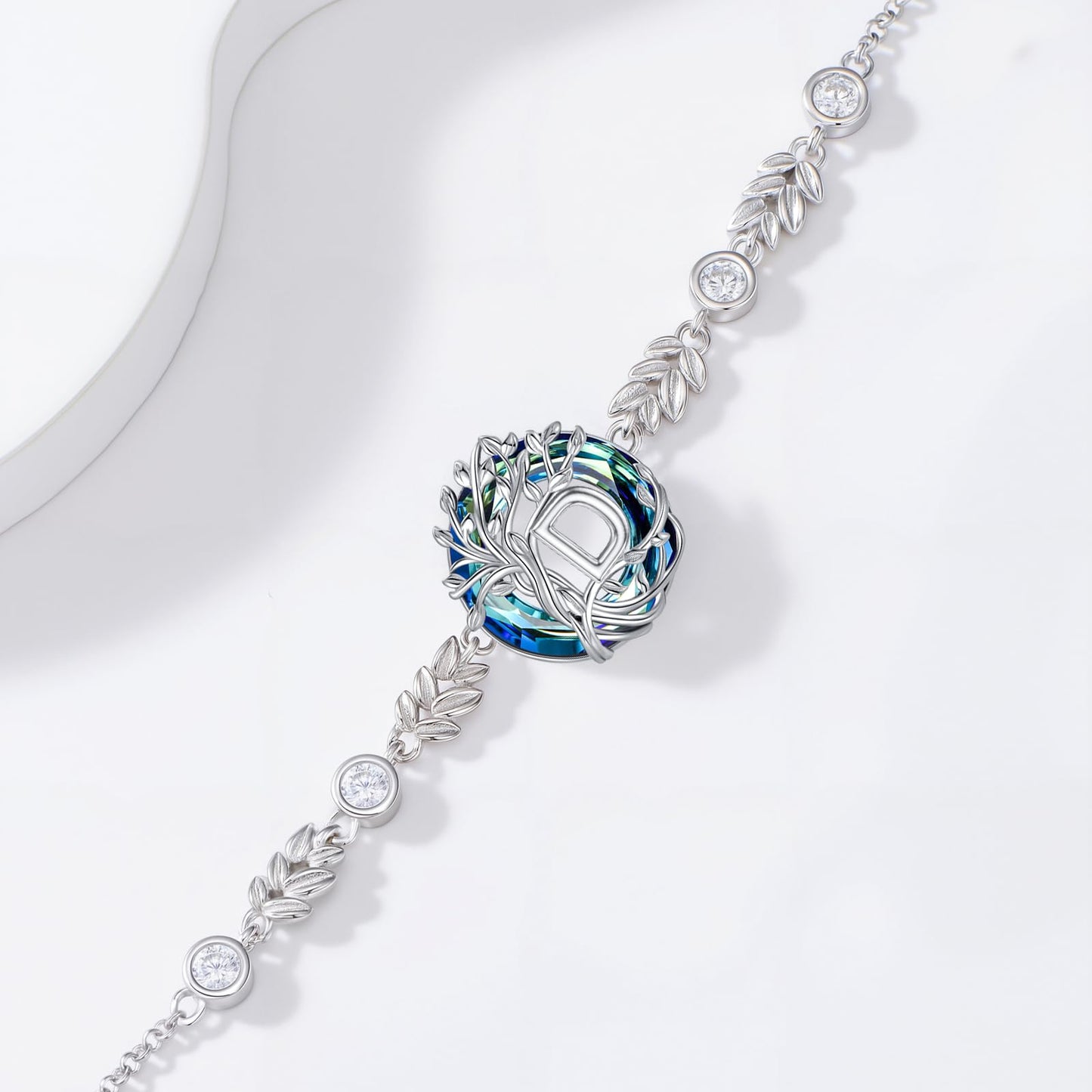 TOUPOP Tree of Life Initial Bracelet Sterling Silver Initials D Letter Link Bracelets Blue Circle Crystal Family Tree Birthday Mothers Day Jewelry Gifts for Women Mom Wife