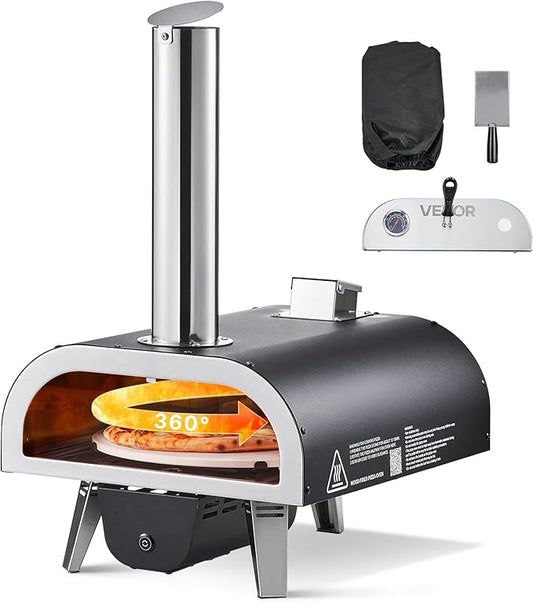 VEVOR Wood-Fired Pizza Oven Outdoor, 12" Auto Rotate Pizza Ovens, Portable Pellet Pizza Maker with Thermometer & Electric Rotating System, Pizza Stone, Carry Bag & Shovel for Backyard, Patio, Camping