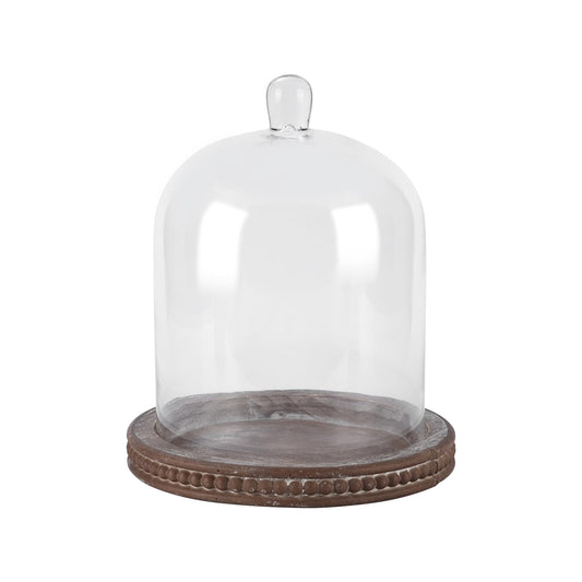 14" Large Handmade Sturdy Glass Cloche With Brown Beaded Wooden Base In Farmhouse & Cottage Style, For Terrarium, Trinkets, Cakes, Figurines (Brown, 10"x14")