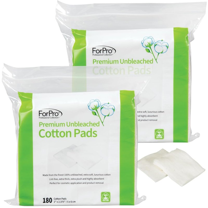 ForPro Professional Collection Premium Unbleached Cotton Pads (360-Count), 100% Unbleached Cotton Cosmetic Pads for Face, Extra Thick, Lint-Free, Vegan & Cruelty-Free, Pack of 2-180 Cotton Pads