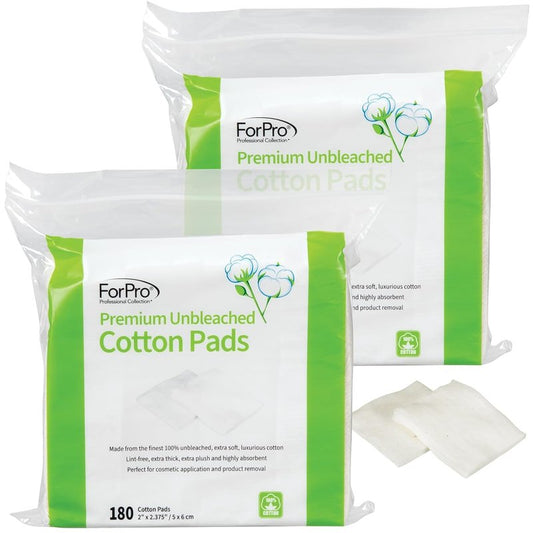 ForPro Professional Collection Premium Unbleached Cotton Pads (360-Count), 100% Unbleached Cotton Cosmetic Pads for Face, Extra Thick, Lint-Free, Vegan & Cruelty-Free, Pack of 2-180 Cotton Pads