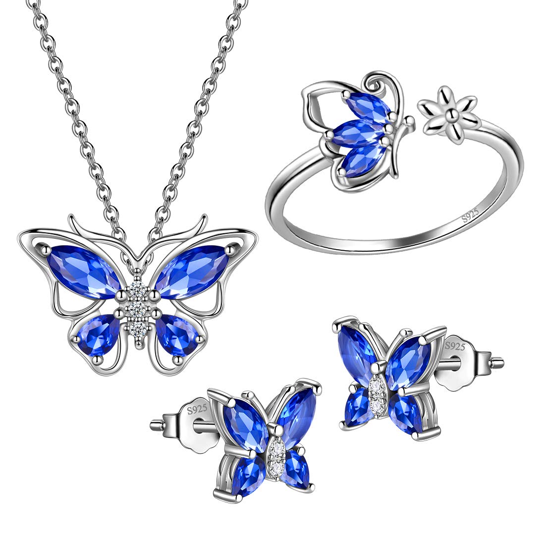 Hipunk Butterfly Blue Jewelry Sets Birthstone Women 925 Sterling Silver September-Sapphire Birth Stone Animal Butterflies Jewelry Sets/Earring/Ring Set Crystal Birthday Jewelry SS0002S