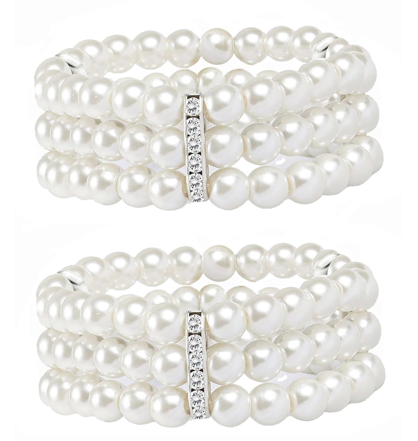 MONAZEO 2-8Pcs Vintage Pearl Bracelet 3-Row Pearl Stretch Bracelet Multi-Layered Elastic Bangle Bridal Wedding Jewelry 1920s Flapper Costume Accessories for Women