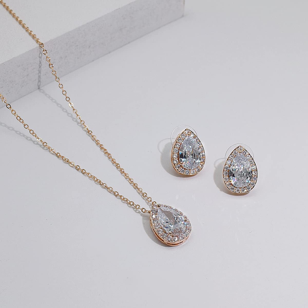 UDYLGOON Teardrop Cubic Zirconia Jewelry Set Necklace Earrings Bracelet Bridal Wedding Jewelry for Women Bridesmaid Prom Party (2 Set - Rose Gold Plated)