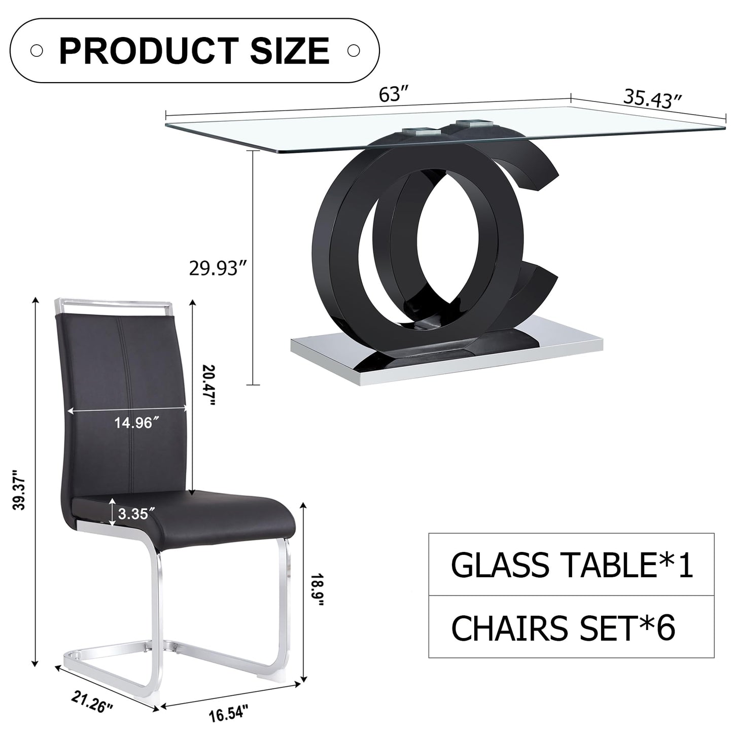 Ebullient Modern 7-Piece Dining Table Set, Tempered Glass Top, 6 PU Leather Ergonomic Chairs, Black