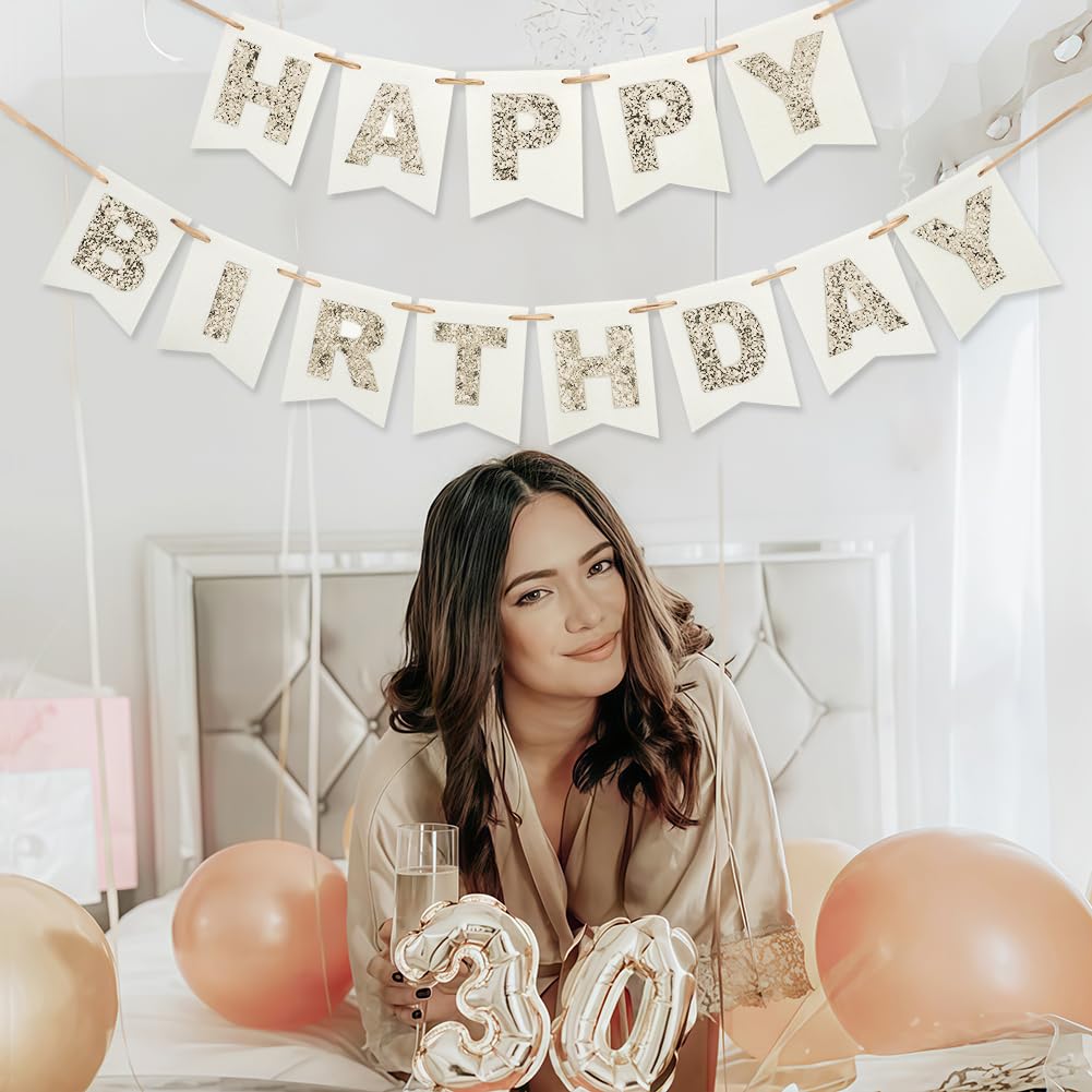 Felt Happy Birthday Banner with Glitter Letters, Cream White Boho Groovy Garland, Reusable Gold Glitter Sign, Thick Felt Bunting Decor for Sweet 16 21st 30 40 50 60 70 Birthday Party