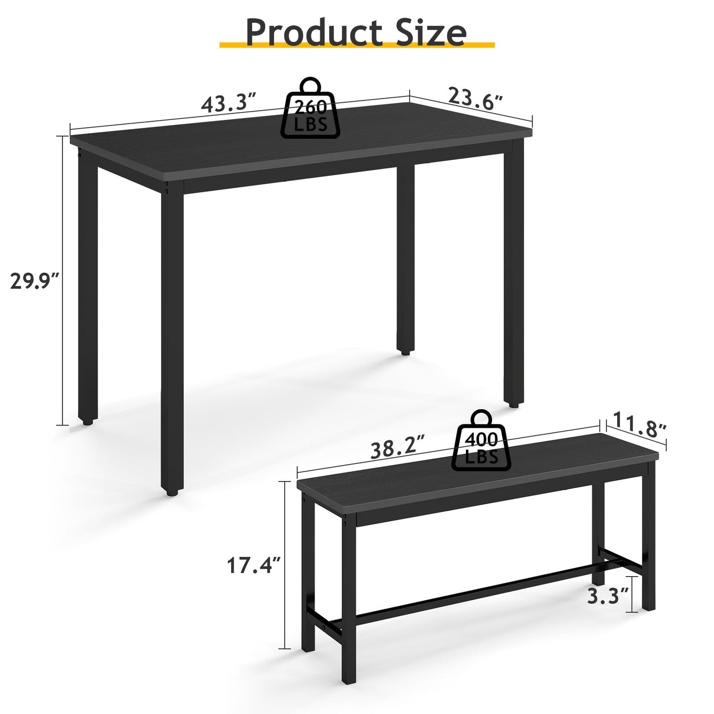 Rovibek 43" Dining Room Table Chairs Set for 4, Modern Space Saving Kitchen Table with 2 Benches & Adjustable Feet Breakfast Table, Wooden Industrial Style Farmhouse, Black