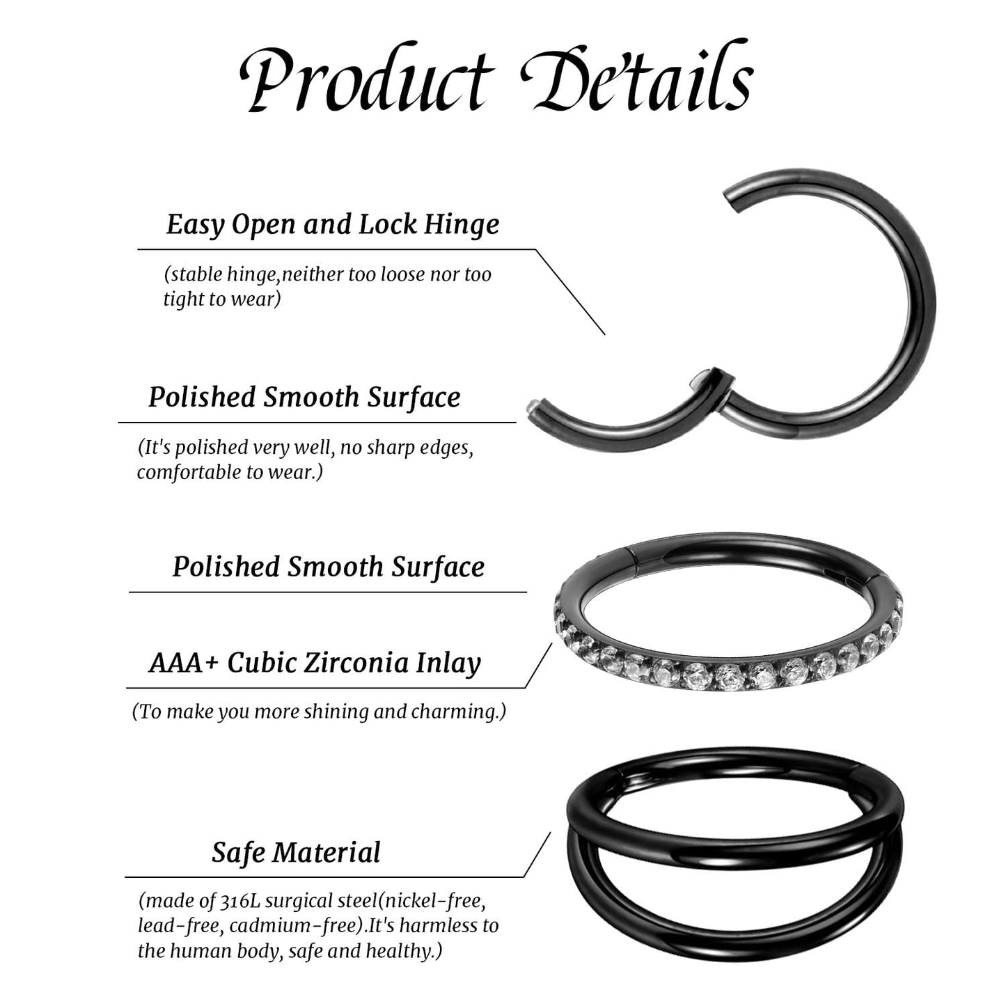 GAGABODY Conch Piercing Jewelry Nose Ring Hoop Earrings 18g Nose Hoop Black 8mm Septum Jewelry Surgical Steel Septum Ring with CZ Septum Clicker Lip Rings Helix Earring Double Hoop Cartilage Earring