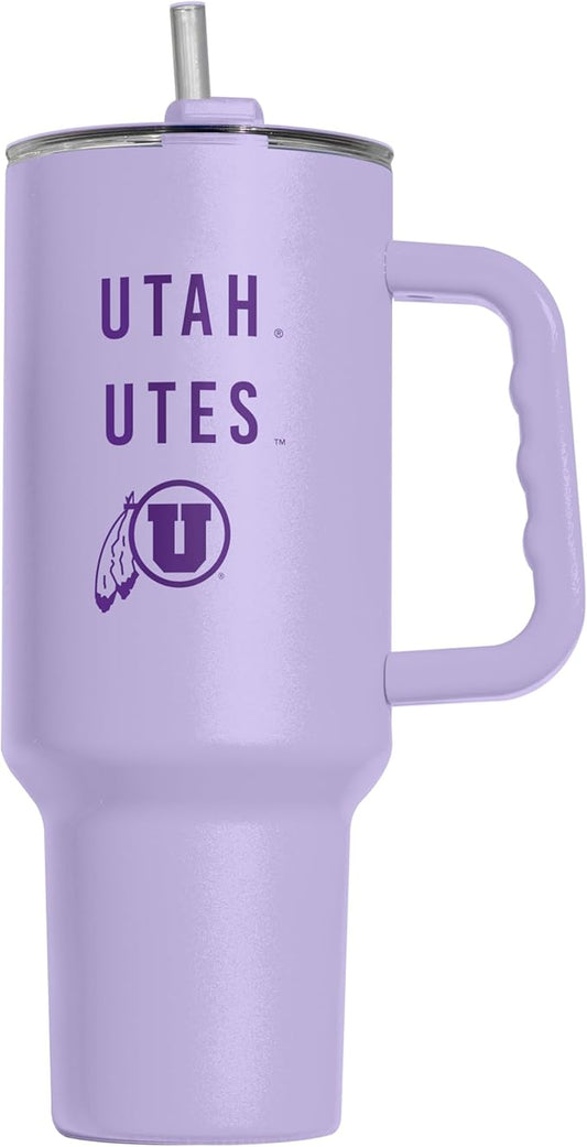 Logo Brands NCAA Utah Utes Lavender 40 oz Tumbler with Handle - Stylish Everyday Use Powder Coated-Stainless Steel with Straw- Keeps Cold For Hours