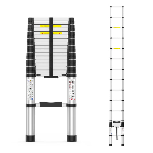 2026 New 17.9FT Heavy-Duty Aluminum Telescoping Ladder, 330LBS Capacity, One-Button Retraction Anti-Pinch, with Wall Support & Adjuster Pads, for Attic Roof Home Renovation