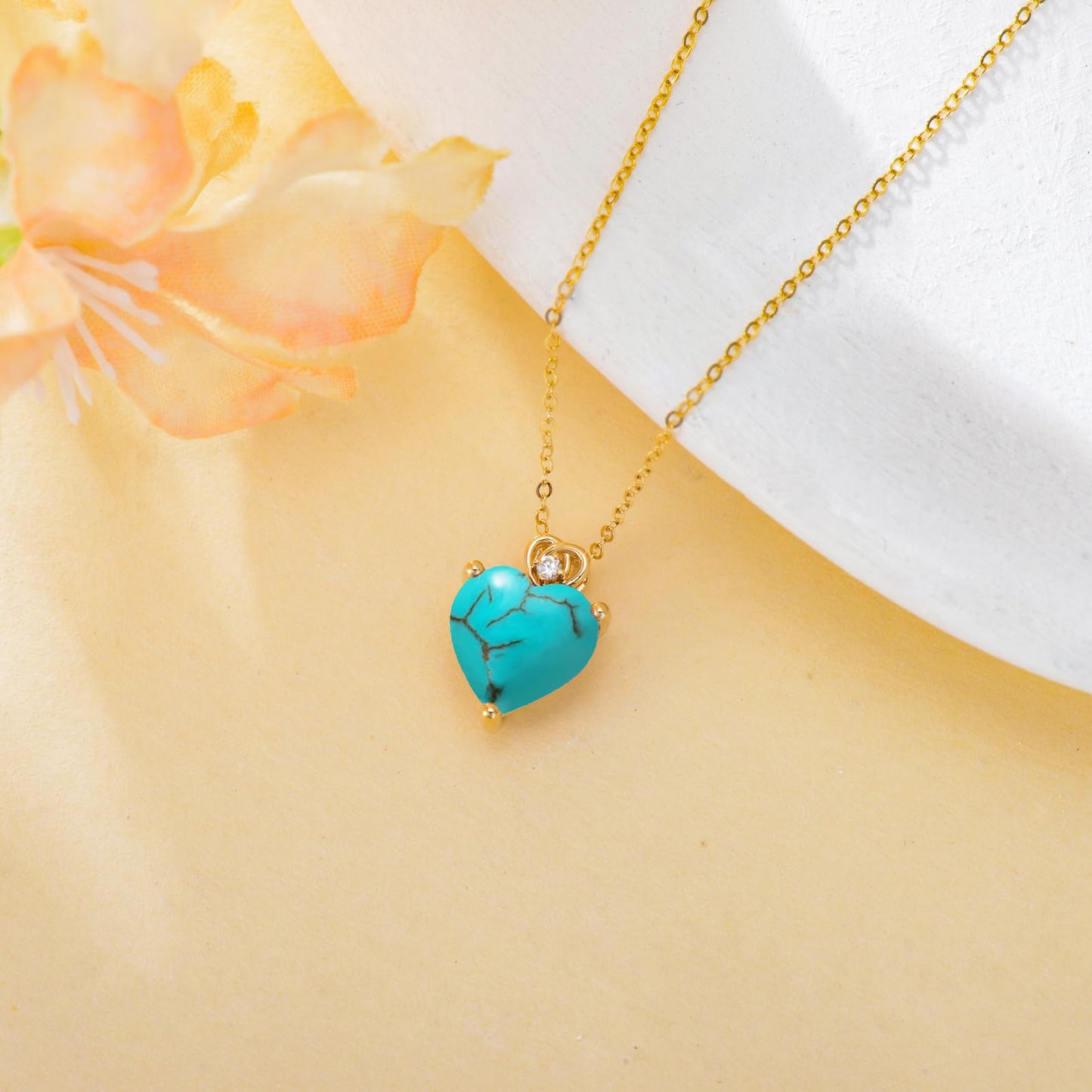 NFYBD 14k Gold Love Heart Turquoise Birthstone Pendant Necklace for Women 3 Carat Heart-cut Created Gemstone Anniversary Birthday Mother's Day Necklaces for Her 16+1+1 inch