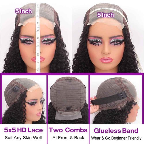 omswet Curly BOB Wig Human Hair 200 Density 5x5 HD Lace Closure Deep Wave Wigs for Black Women Glueless Wear and Go Pre Plucked Deep Wave Wet and Wavy Glueless Wigs Human Hair Natural Black 16 Inch
