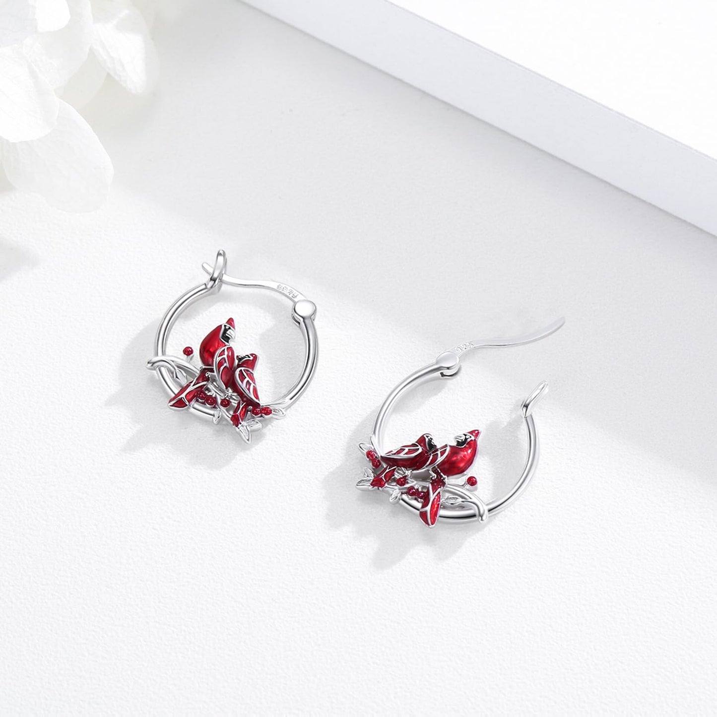 JUSTKIDSTOY Cardinal Earrings 925 Sterling Silver 2 Red Bird Hoop Earrings Jewelry Cardinal Gifts for Women Mother Grandma