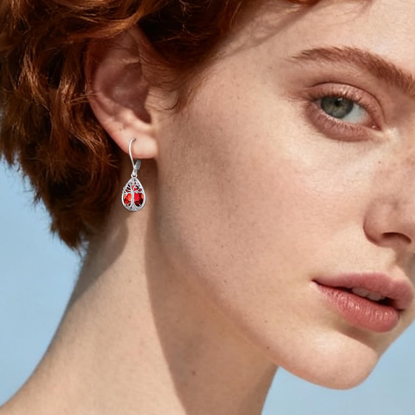 Eusense Tree of Life Earrings 925 Sterling Silver Garnet Birthstone Earrings Teardrop Dangle Leverback Earring for Women January Birthstone Jewelry