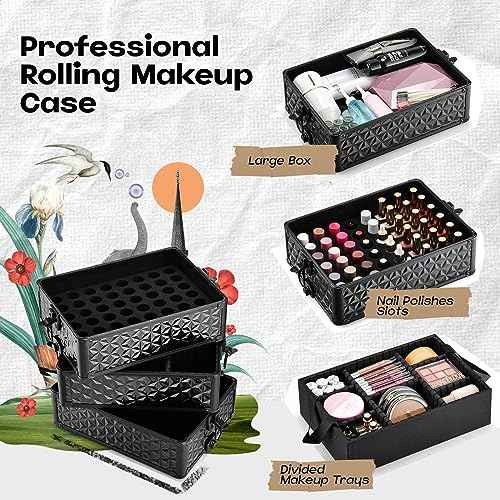 5 in 1 Makeup Train Case, Cosmetology Case on Wheels Travel Make up Case Rolling Nail Cart Makeup Organizer Cosmetic Storage Box Cases Extra Large Trolley Truck with 360¡Æ Swivel Wheels, Black