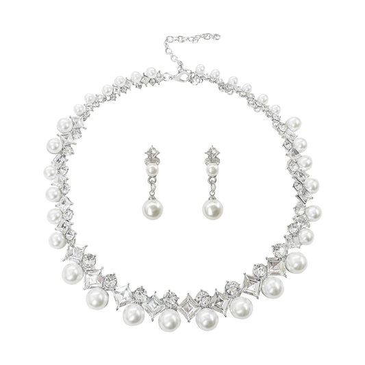Ailunor Pearl Jewelry Set: 14K Gold/Silver Plated Pearl Drop Earrings, Bracelets & Choker Necklace - Wedding Bridal Gift (2pcs Silver)