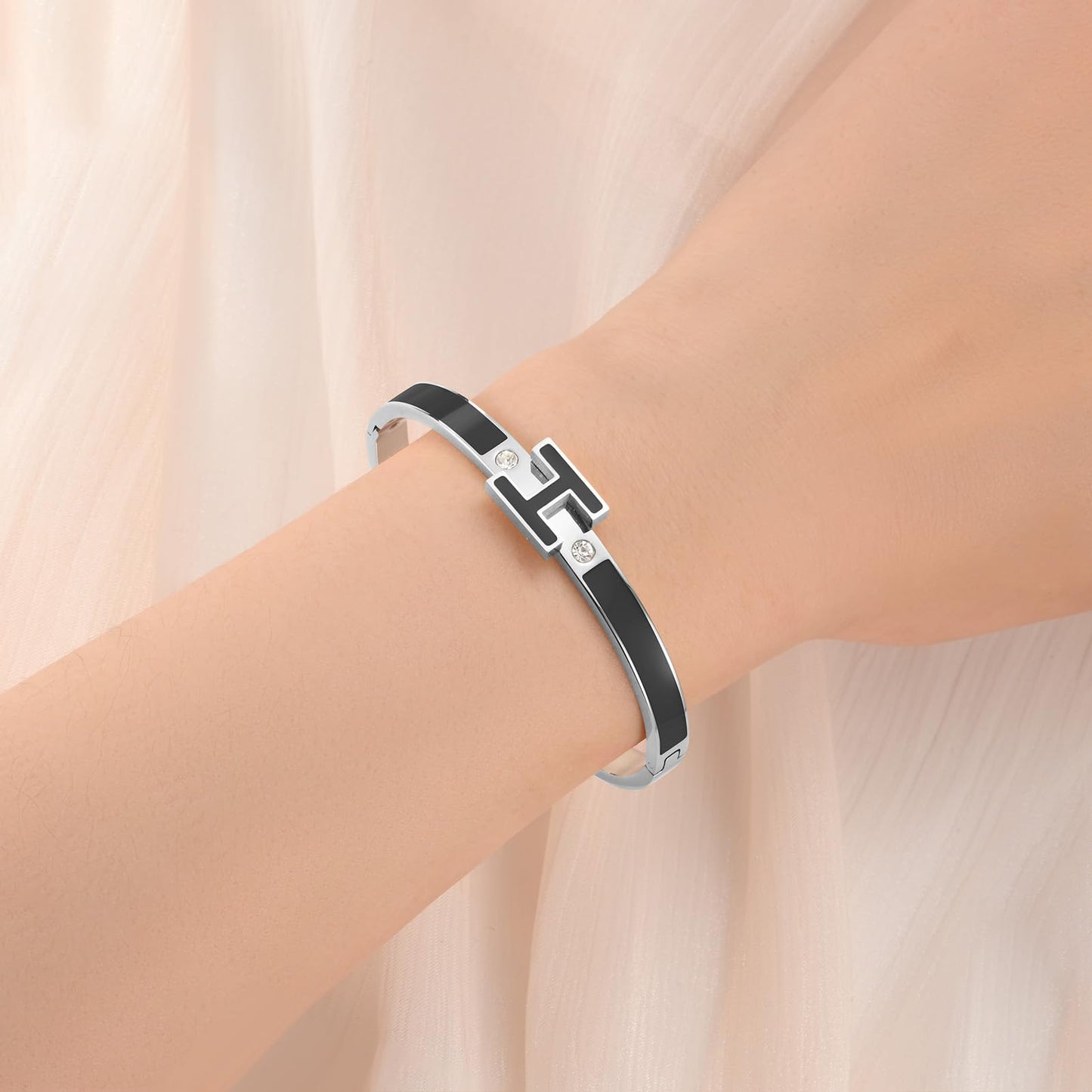 Hothink Gold Bracelets for Women, H Bangle Bracelet, Dainty 18K Gold Plated Stainless Steel Enamel Bracelet for Everyday, Work, Party, Stackable Gift for Mom, Wife, Girlfriend (Silver-Black)