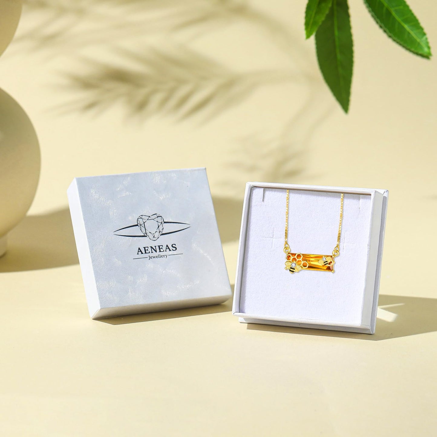 AENEAS Valentines Day Gifts for Women Her Bee Necklace 18K Gold Over 925 Sterling Silver Honeycomb Pendant Citrine Crystal Bumble Jewelry Cute Animal Christmas Gifts for Women Wife Her