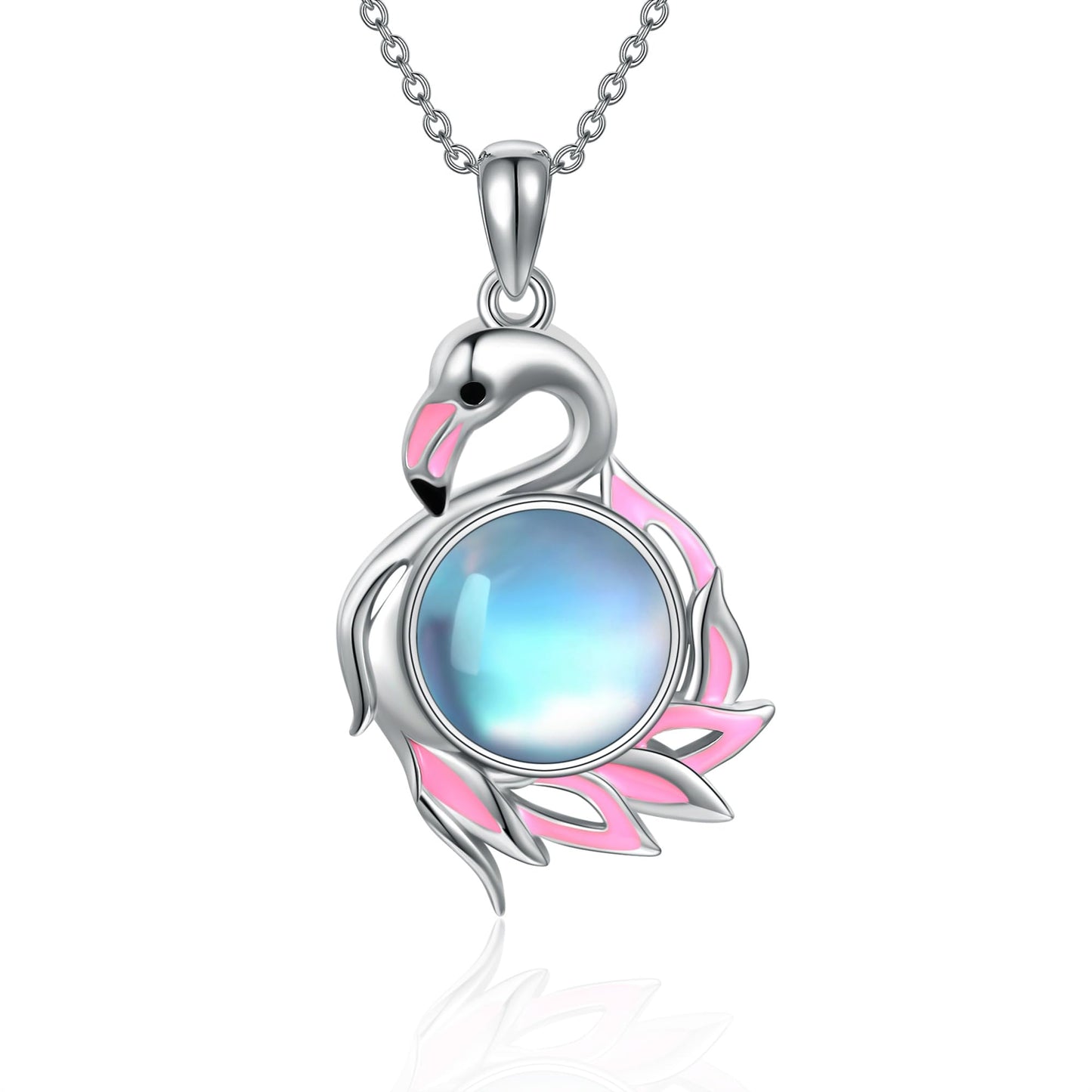 YAFEINI Flamingo Necklace 925 Sterling Silver Moonstone Pendant Christmas Mother's Day Jewelry for Women Mom Ladies