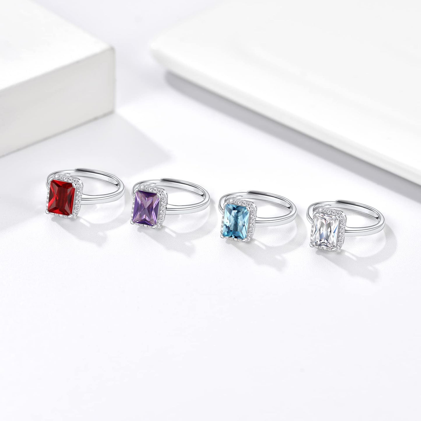 Bestyle 925 Sterling Silver Created Diamond Rings Square Crytsal Rings for Women, 8mm January Granet Birthstone Gemstone Rings Illuminated by 1mm White Cubic Zirconia