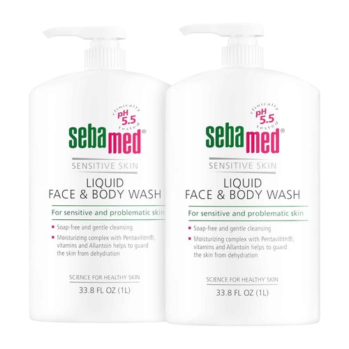 SEBAMED Paraben-Free Face and Body Wash With Pump for Sensitive and Delicate Skin pH 5.5 Ultra Mild Dermatologist Recommended Cleanser 33.8 Fluid Ounces (1 Liter) Set of 2 Value Pack, green