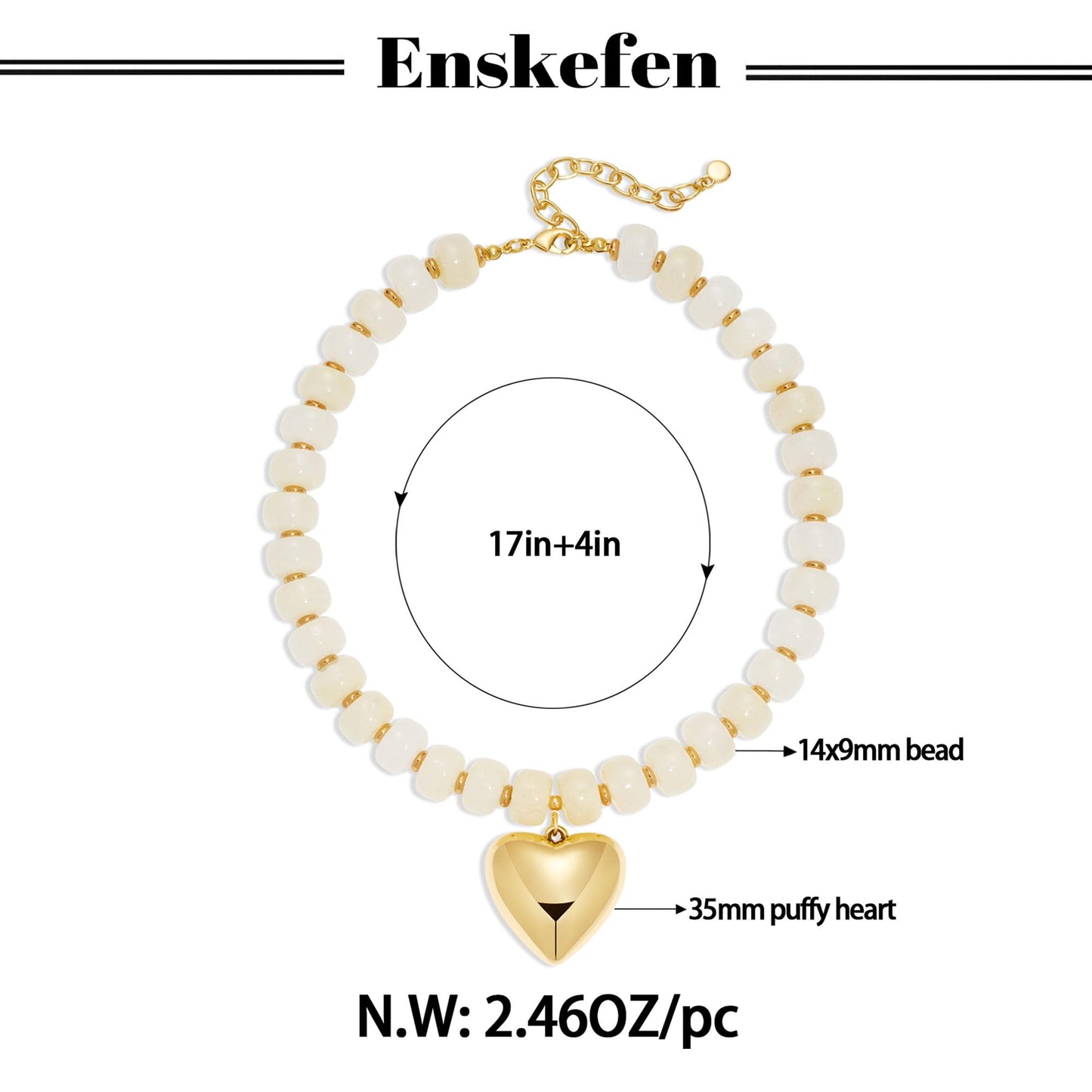 ENSKEFEN Chunky Heart Necklace White Resin Beaded Necklaces for Women Boho Puffy Gold Heart Pendant Necklaces Statement Acrylic Beads Choker Necklace
