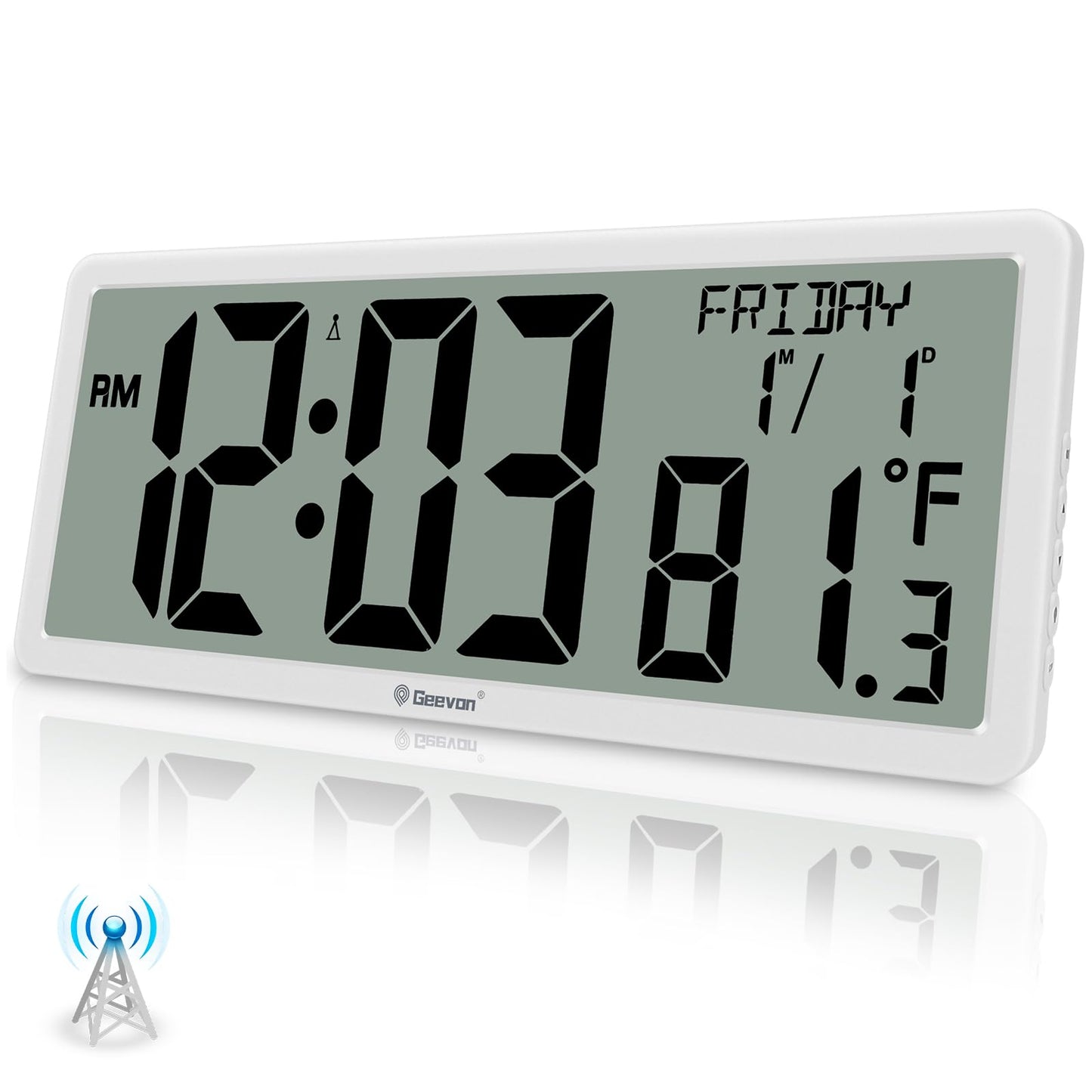 Geevon 14.3" Atomic Clock Battery Operated, Auto-Set Large Atomic Digital Wall Clock with Temperature, DST, Date, 4.4" Jumbo Digits for Home Office Elderly Living Room, Dining Room