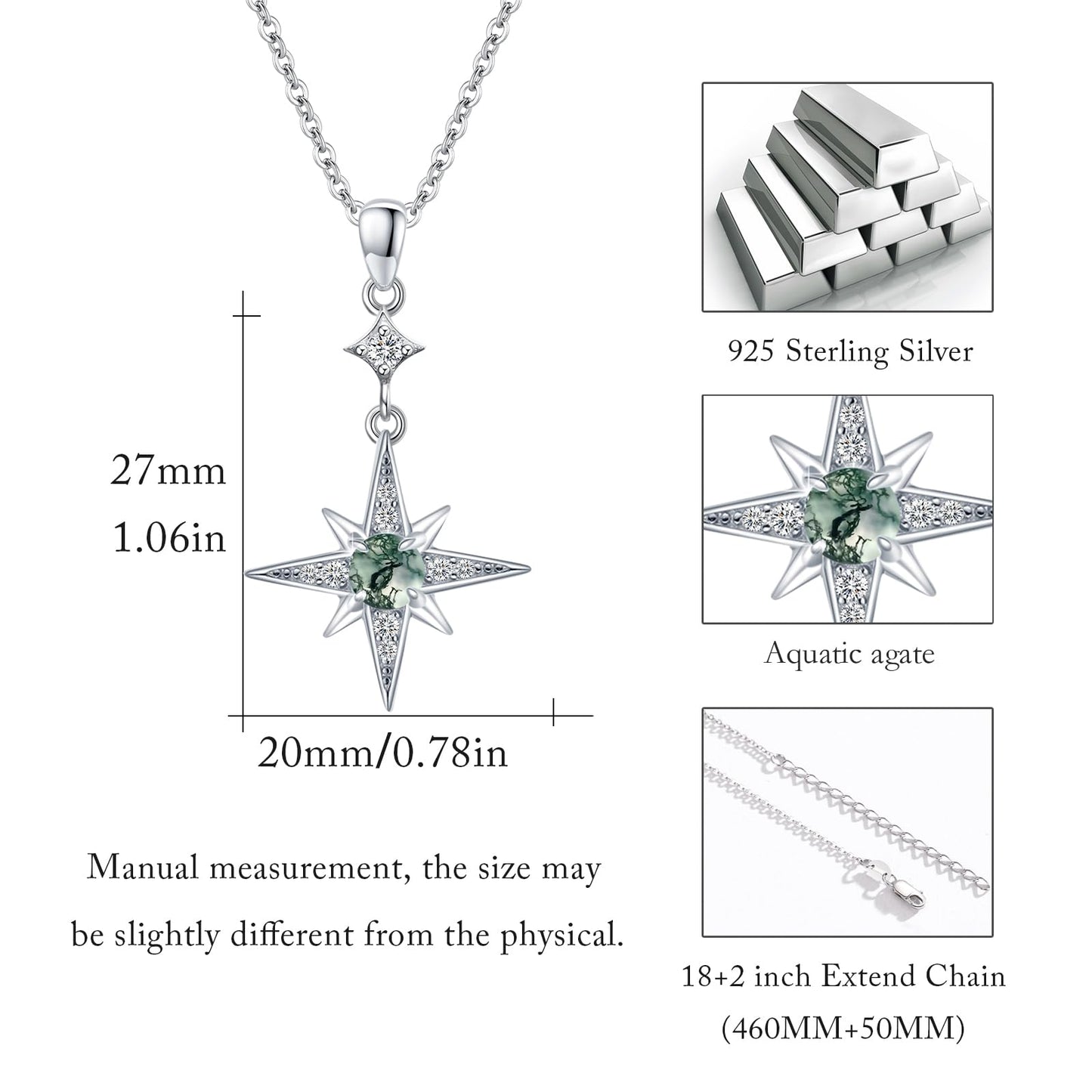 Silikepa Star Necklace for Women 925 Sterling Silver North Star Pendant Necklace with Moss Agate Jewelry Gift for Women