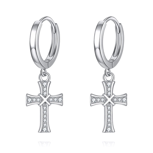 925 Sterling Silver Cross Hoop Earrings Dangle Drop Earrings Huggie Jewelry Birthday Gifts for Women (Cross Cubic Zirconia)