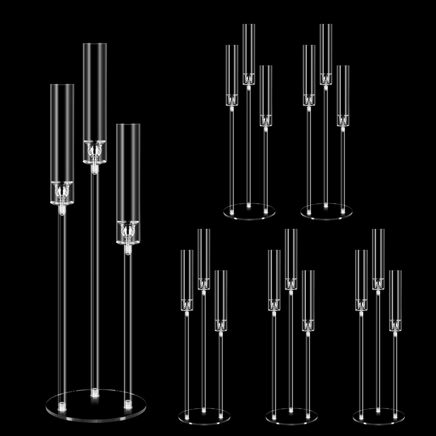 6 Set 3 Arms Acrylic Candelabra Centerpieces for Wedding Table Decorations,30.7" Clear Candlesticks Holder with Acrylic Shade for Valentine's Day Dinner Party Fireplace Decor Fit LED Candle"