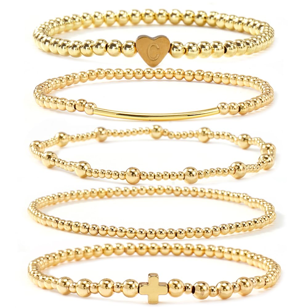 14K Gold Cross Beaded Initial Bracelet Stack for Women,Dainty Stretch Gold Plated Letter “C” Stackable Bracelets Bohemian Layered Prom Party Accessories Jewelry Gift Friendship