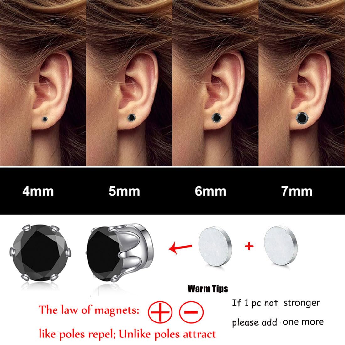 Spiritlele 12 Pairs Colorful Small Big Cubic Zirconia Magnetic Earrings Clip on Non Piercing Earrings Set Unisex 4MM-7MM