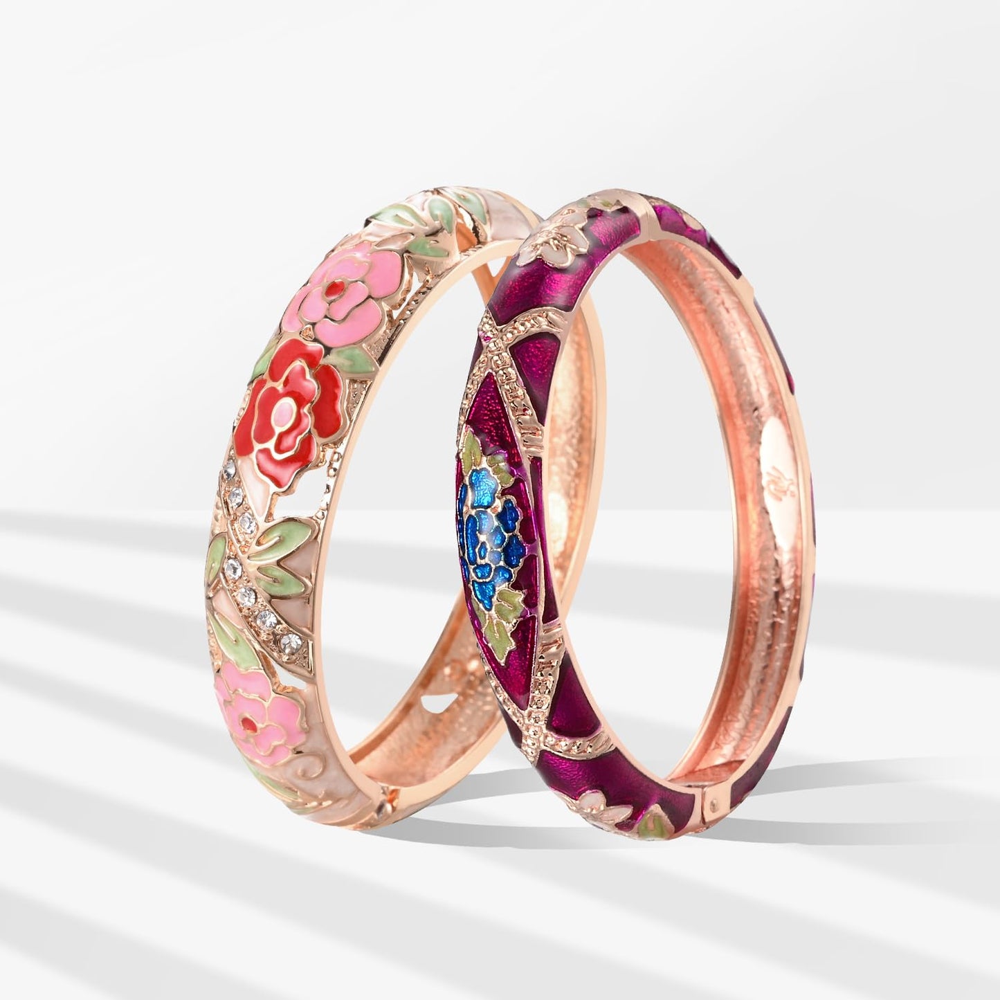 UJOY Vintage Cloisonne Bracelet Beautiful Flower Enamel Hinge Plated Rose Bangles Jewelry for Women's Gifts 88C06-55A128 Pink Purple