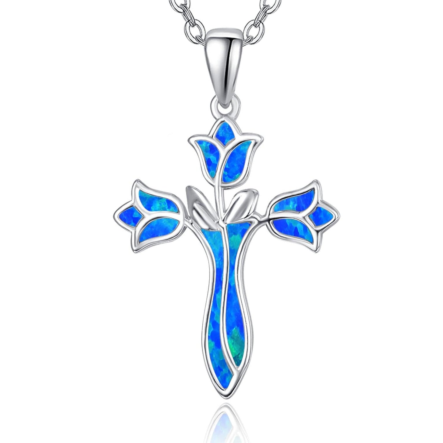 Dreamboat Opal Cross Necklace for Women Sterling Silver Cross Pendant Christian Necklace Tulip Rose Blue Opal Faith Confirmation Gifts Religious Jewelry for Mom