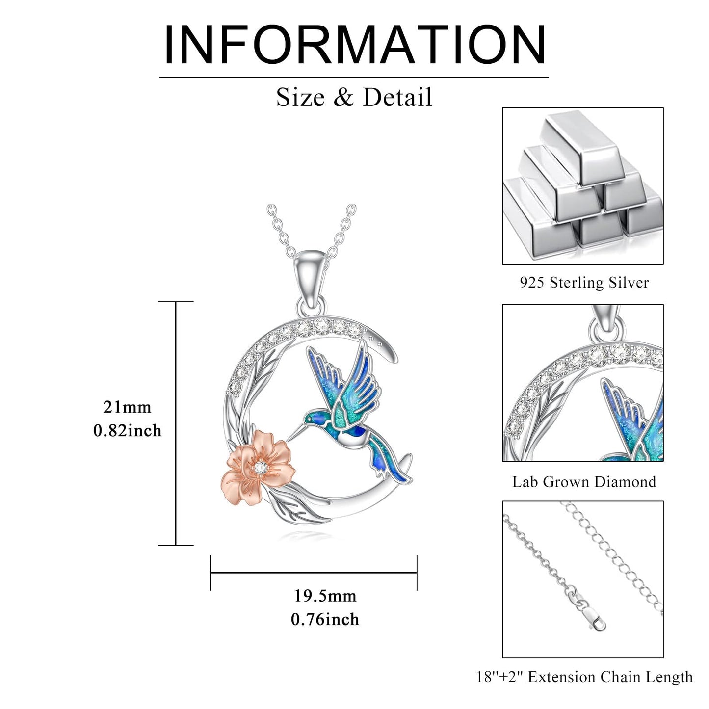 LWXIE Diamond Hummingbird Necklace for Women 925 Sterling Silver Hummingbird Pendant Necklace Animal Jewelry Christmas Birthday Gifts for Mom Wife Girlfriend
