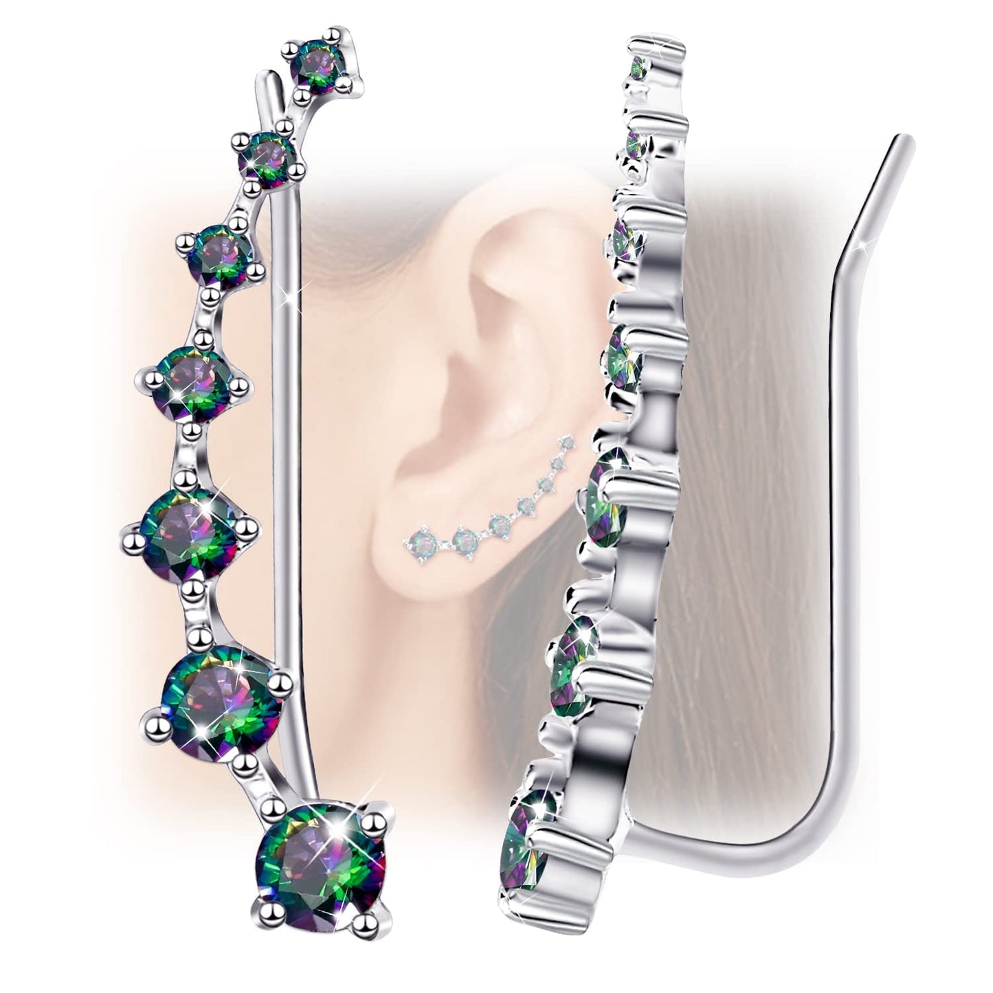 Sterling Silver 7 Crystals Ear Cuffs Climber Cartilage Earrings Dainty Trendy Jewelry Hypoallergenic Fashion Earring Charms Birthday Gift for Women (Colorful Black)